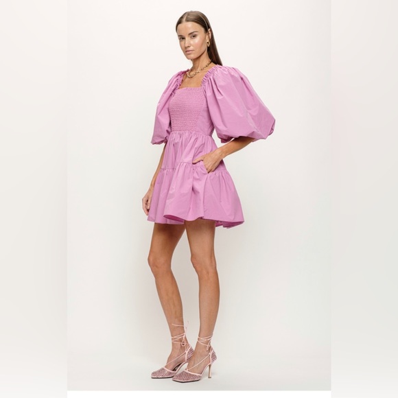 NWT Puff Sleeve Pink Smocked Coquette Dress Size L Cottagecore Wedding Party - Picture 3 of 9